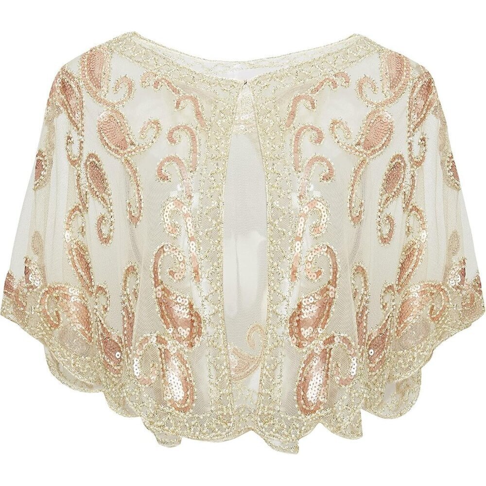 🆕 Women Cream Sequin Beaded Evening Cape Bridal Shawl Bolero Flapper Cover Up